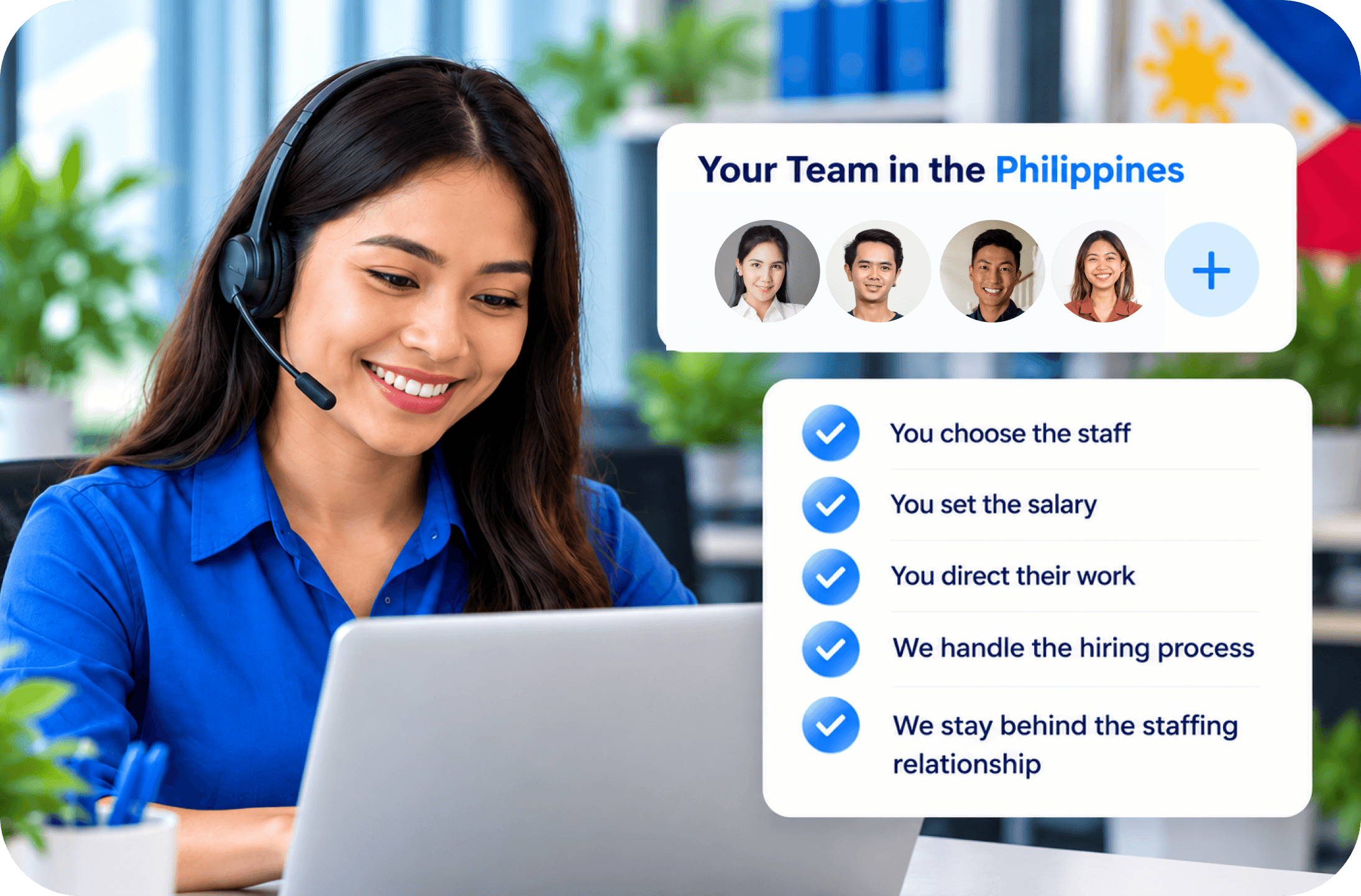 Smiling Philippines-based professional working on a laptop, with your team and staffing checklist