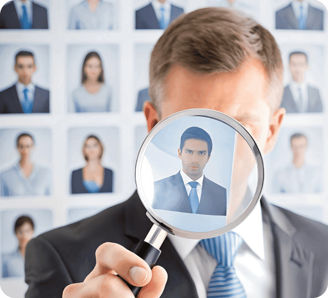 Employer reviewing candidates through a magnifying glass
