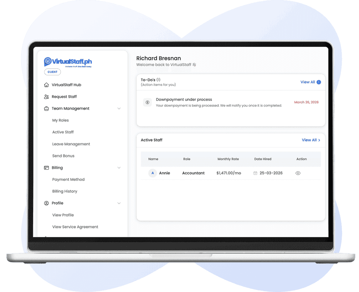 VirtualStaff.ph platform showing staff management