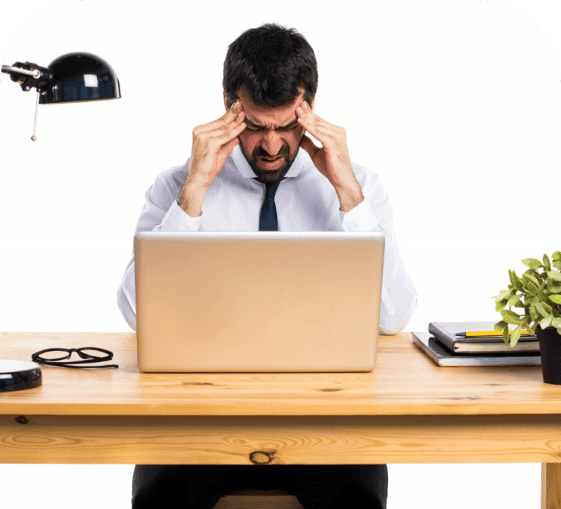 Stressed manager overseeing multiple freelancers