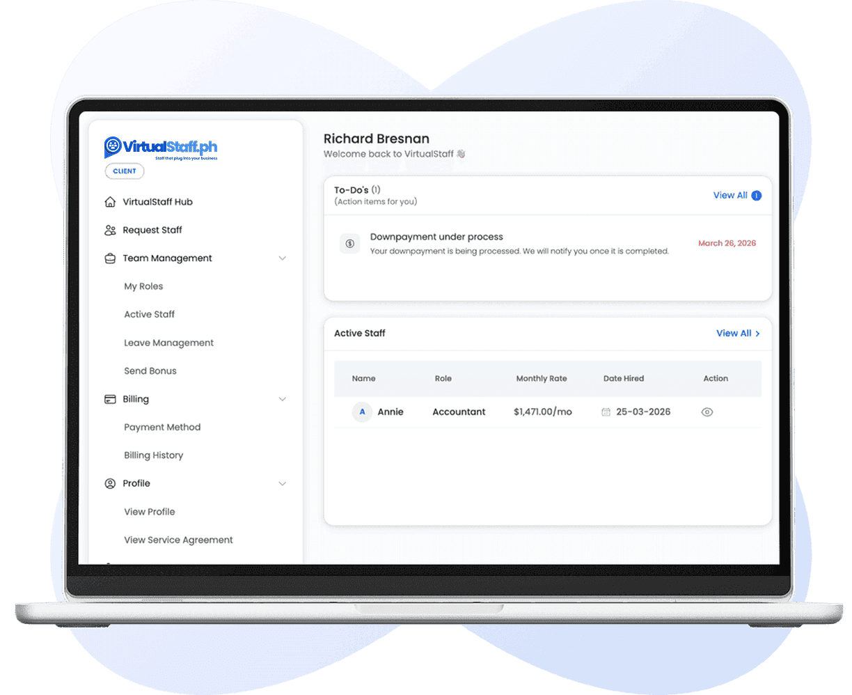 VirtualStaff.ph dashboard for dedicated offshore staff